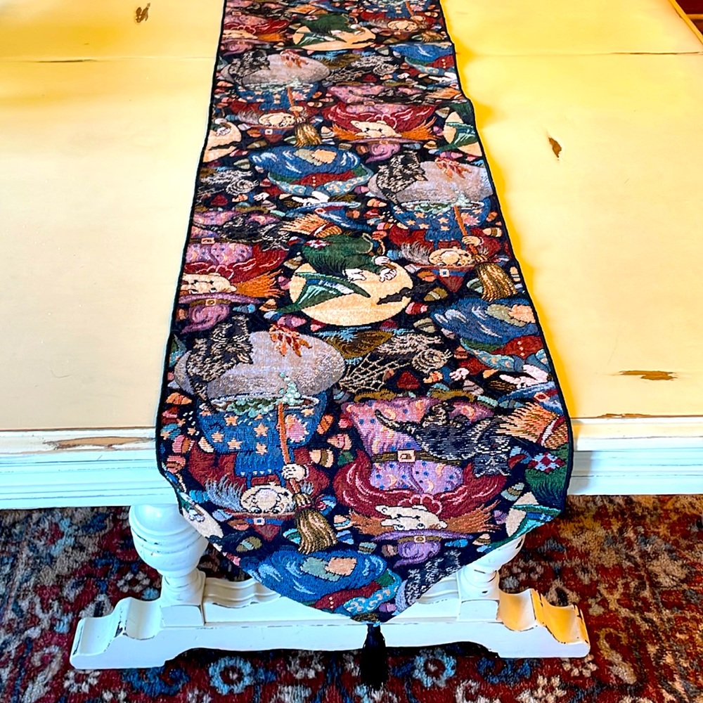 Halloween Tapestry Table Runner with Black Tassels. Like New. 72” x 12”